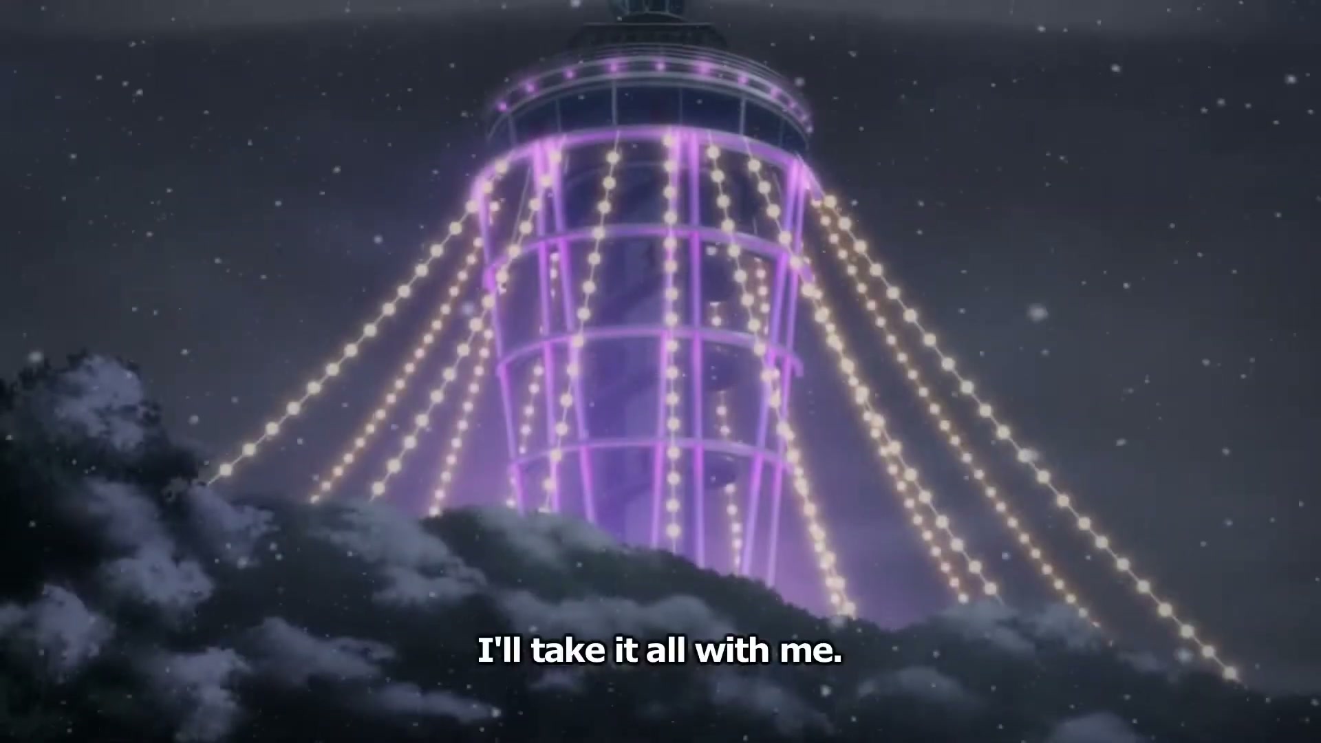 The Enoshima lighthouse lit up at night in the Dreaming Girl movie