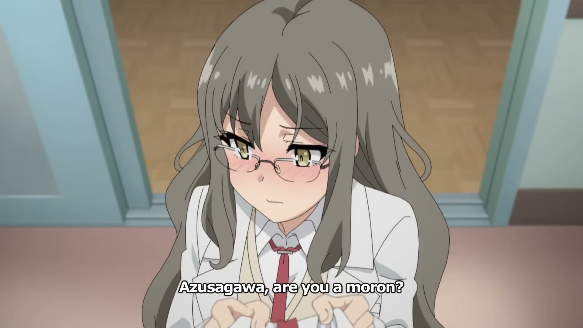Rio Futaba telling Sakuta he is a moron in the Bunny Girl Senpai anime