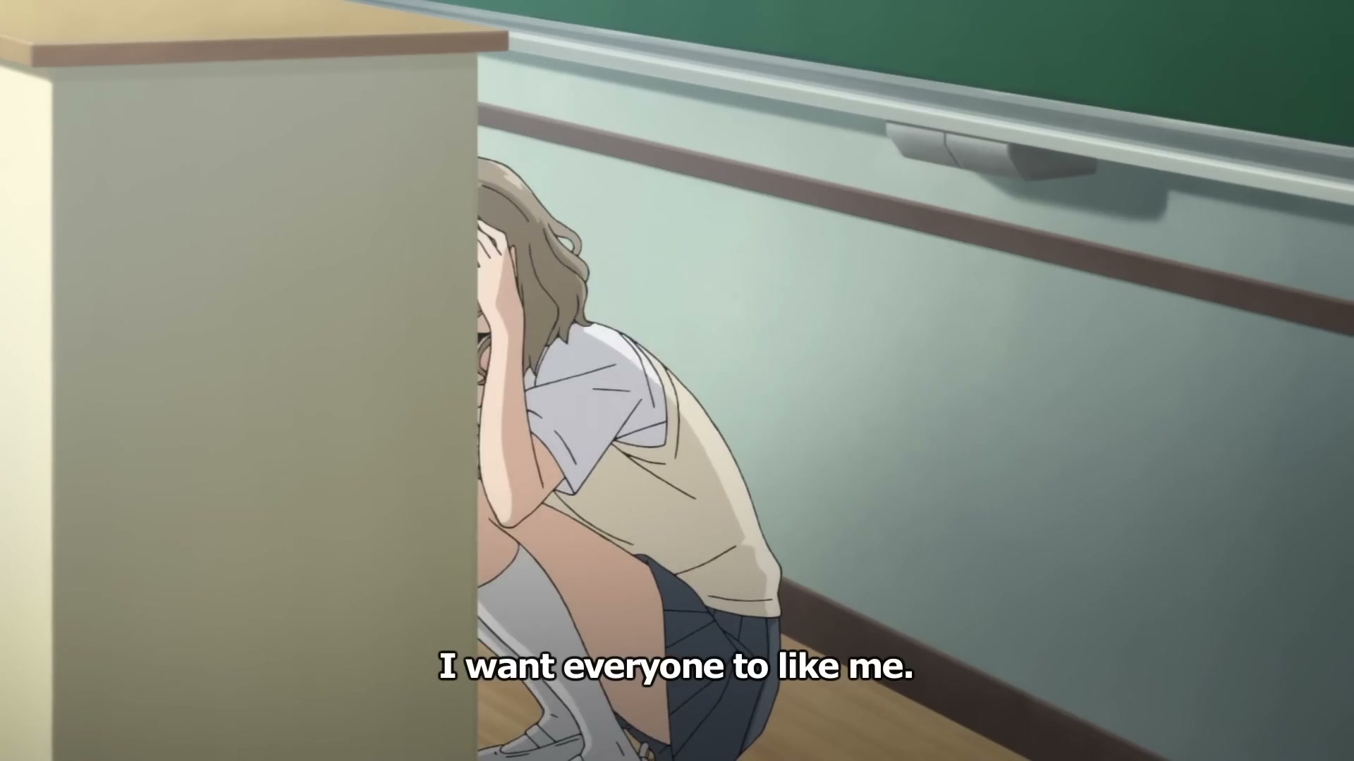 Tomoe Koga crying in a classroom saying she wants everyone to like her in the Bunny Girl Senpai anime