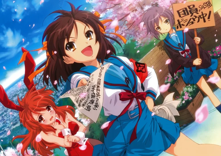 Haruhi Suzumiya, Mikuru Asahina, and Yuki Nagato KyoAni promotional art