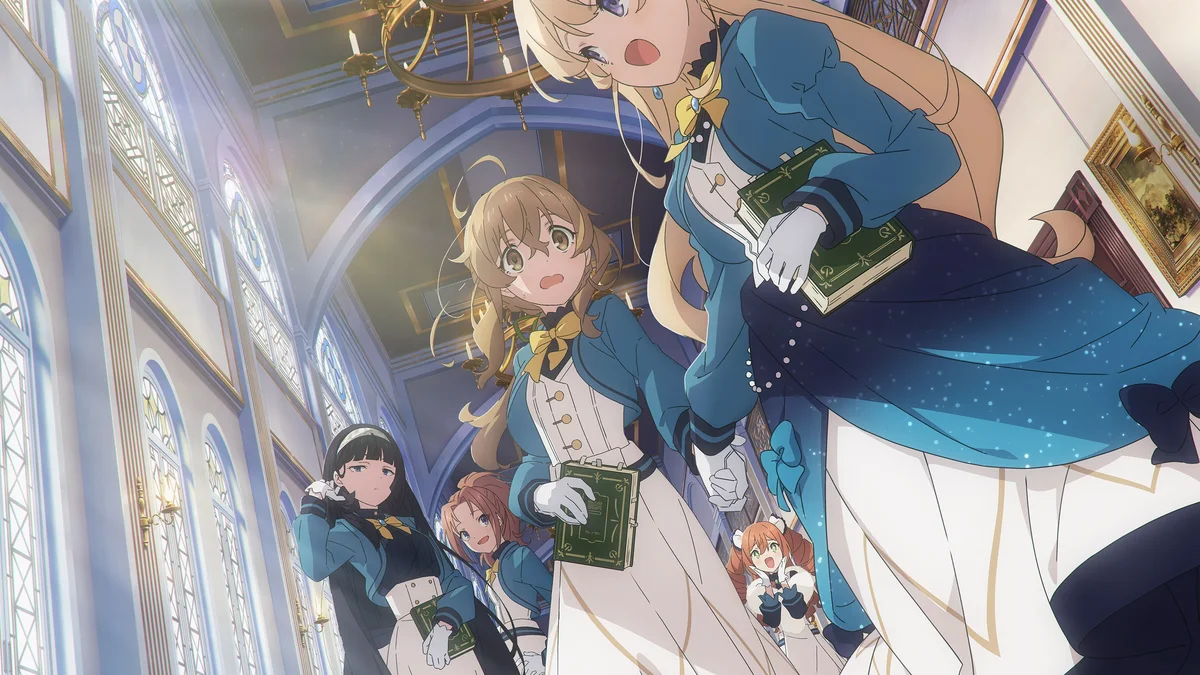 Secrets of the Silent Witch anime cast in academy hallway